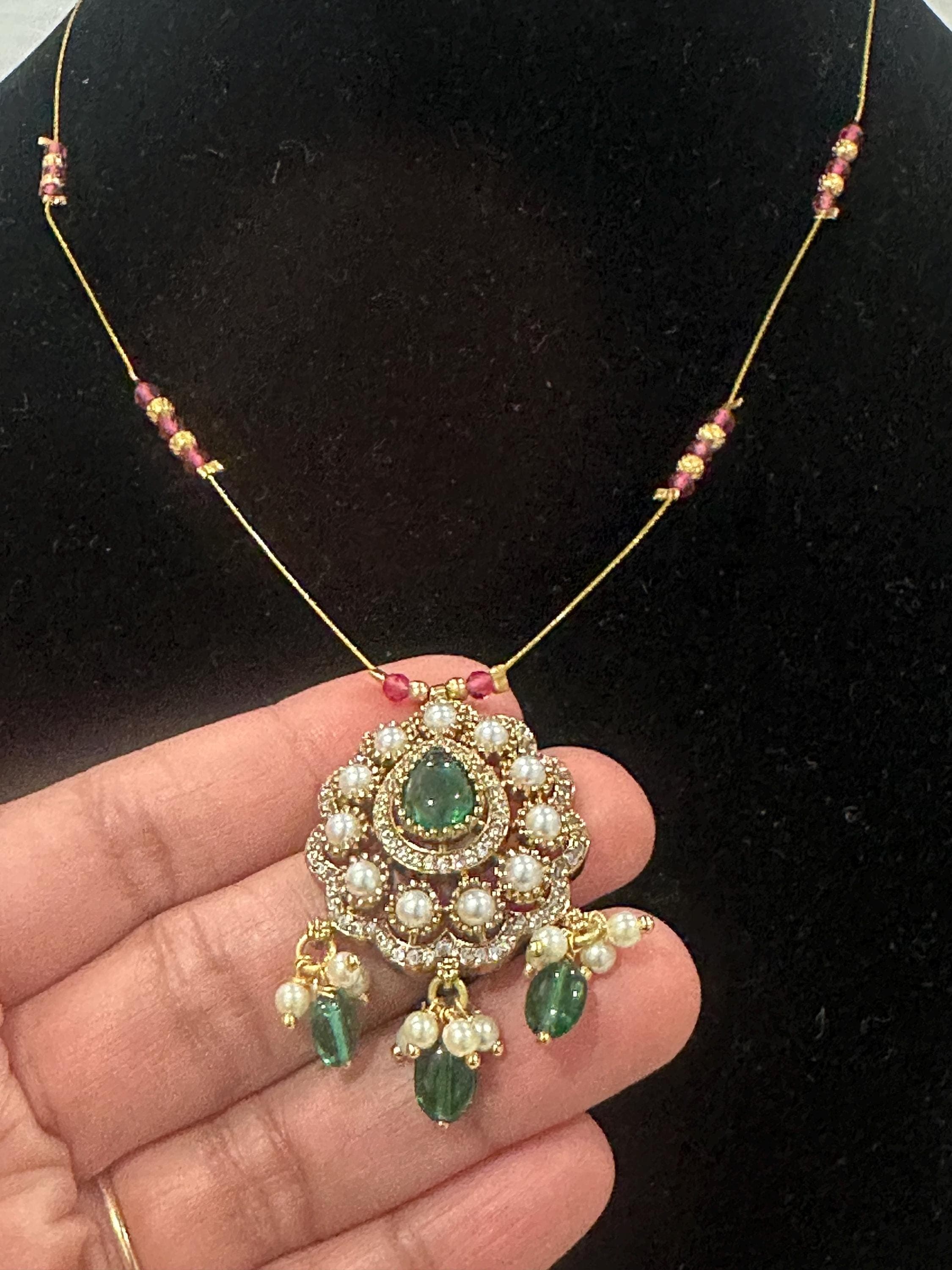 Gold Plated Emerald Pendant Necklace with Pearls and Beads — view 6