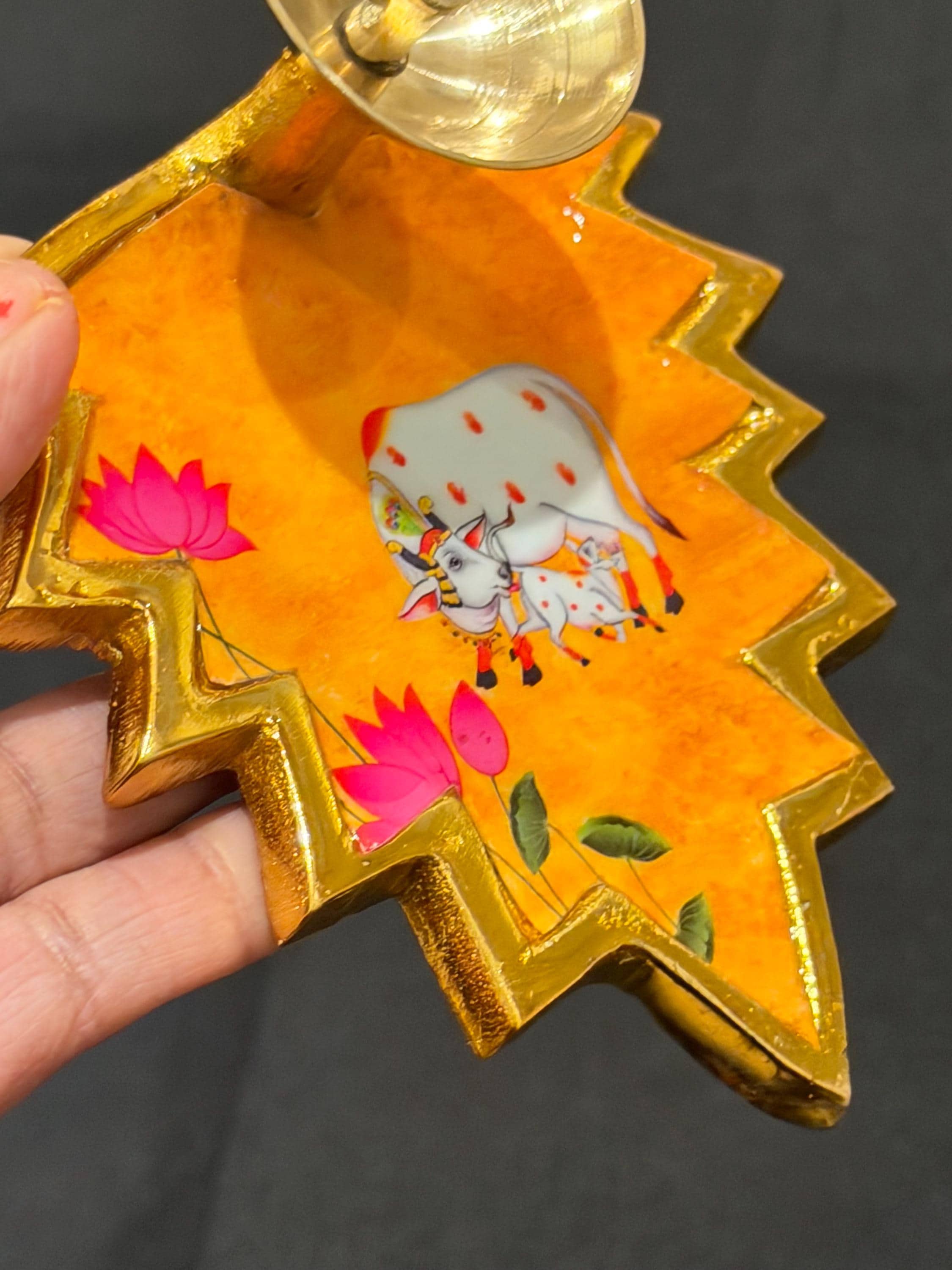 Pichwai Hand Painted Brass Diya – Cow Lotus Pooja Decor, Indian Diwali Gift — view 6